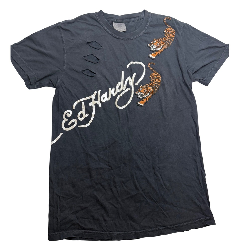 Ed Hardy Comfort Colors Distressed Tiger Graphic T-Shirt Charcoal Grey Medium